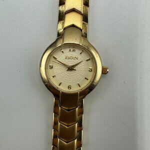 Elgin Watch Women Gold Tone Round 21MM Dial New Battery 7 Inch
